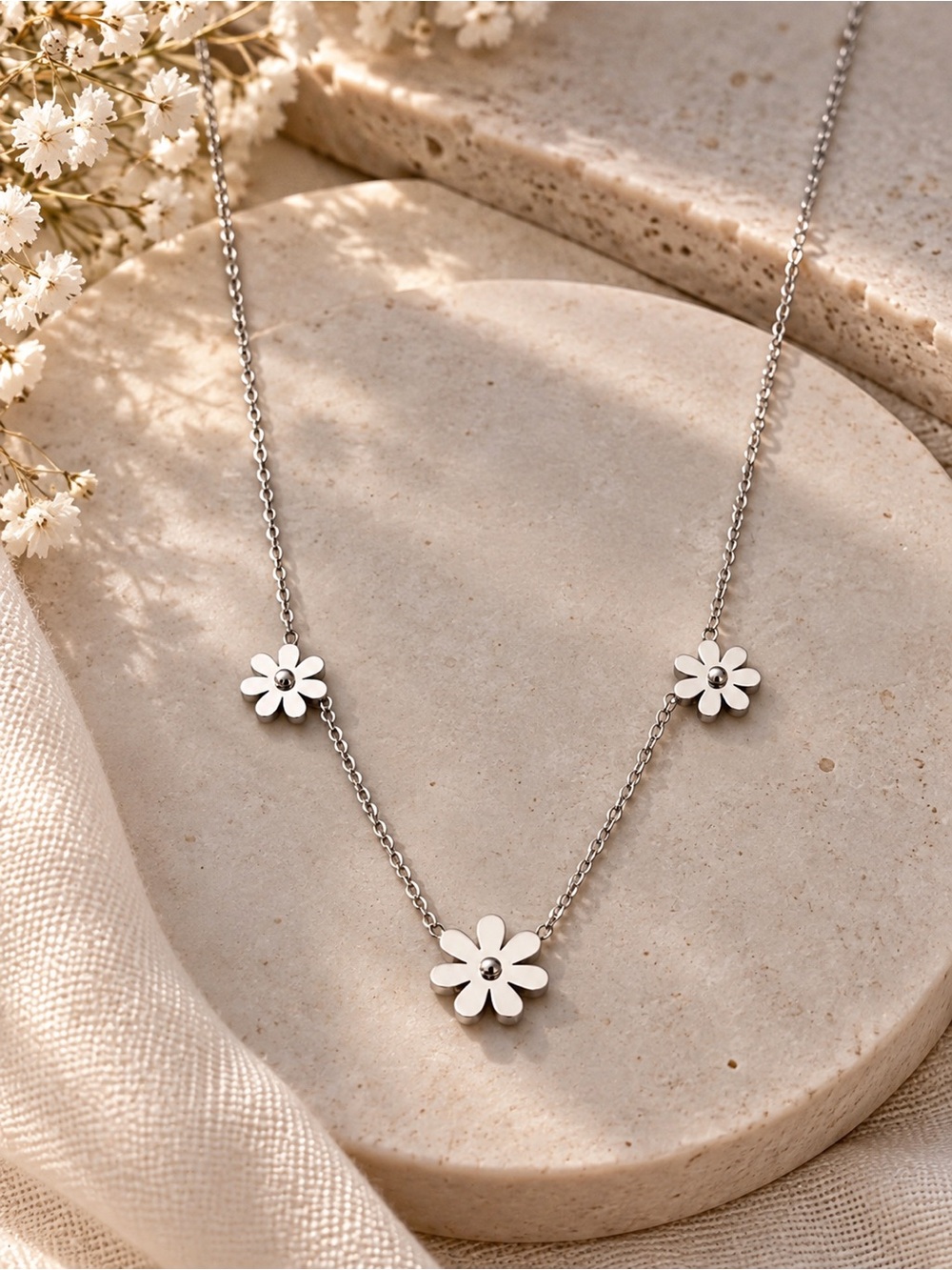 Silver Daisy Flower Necklace White Floral Boho Minimalist Jewelry